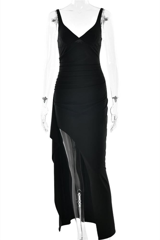 V-neck Black Ruched Long Dress with Slit