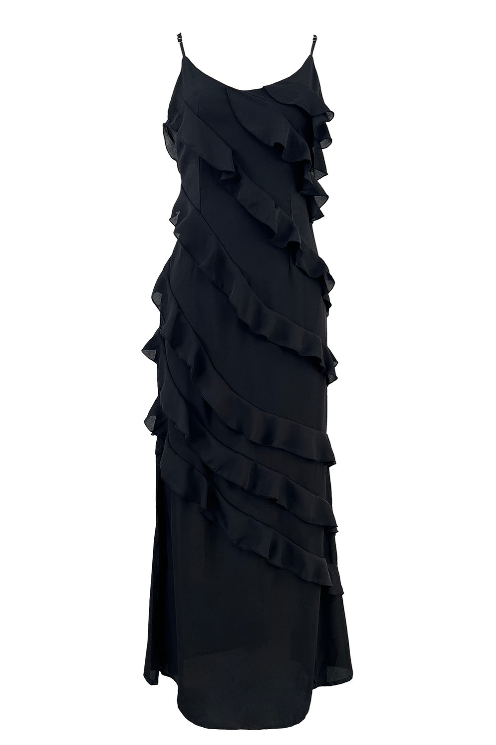 V-neck Black Ruffle Chiffon Long Dress with Slit