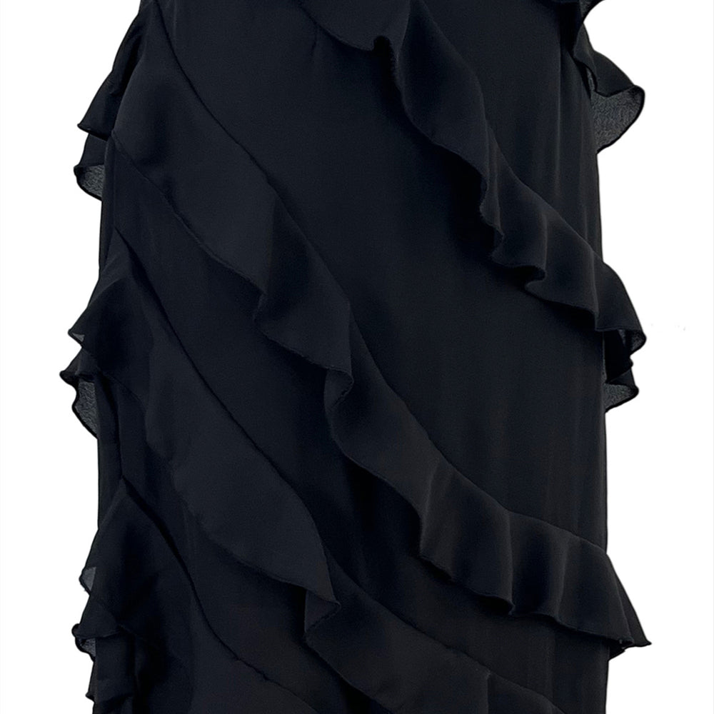 
                      
                        V-neck Black Ruffle Chiffon Long Dress with Slit
                      
                    