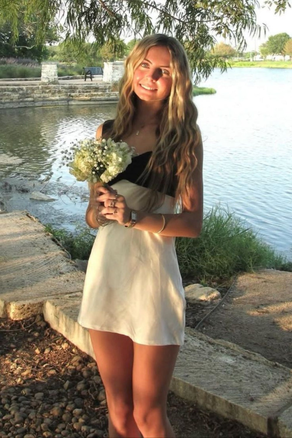 V-neck Black and White A-line Short Dress