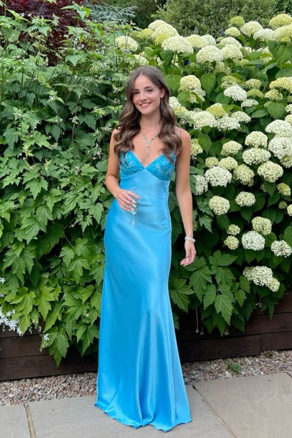 V-neck Blue Beaded Back Tie A-line Long Dress – PollyBoutique