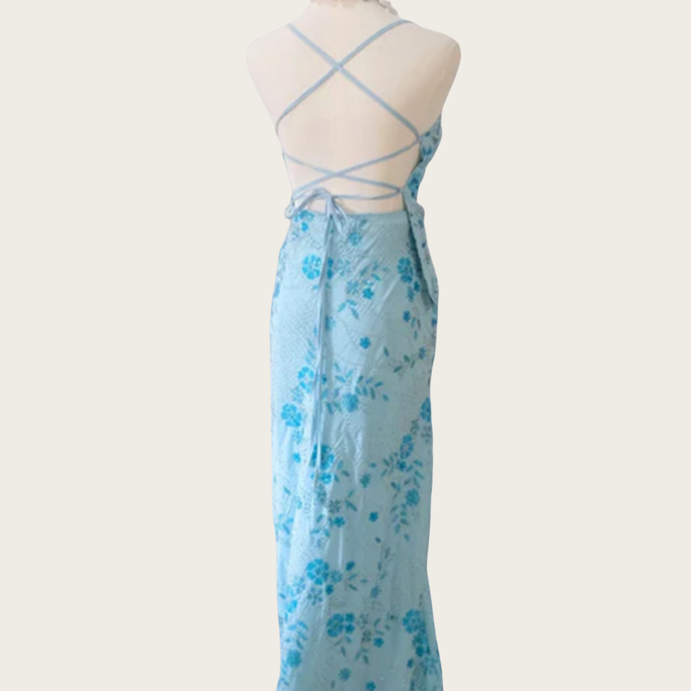 
                      
                        V-neck Blue Floral Beaded Sheath Long Dress
                      
                    