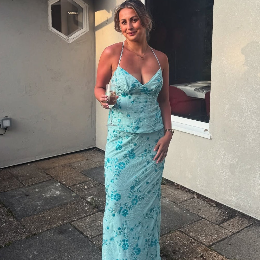 
                      
                        V-neck Blue Floral Beaded Sheath Long Dress
                      
                    