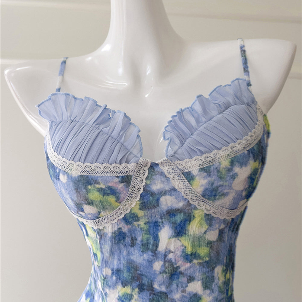 
                      
                        V-neck Blue Floral Print Ruffled Hem Short Dress
                      
                    