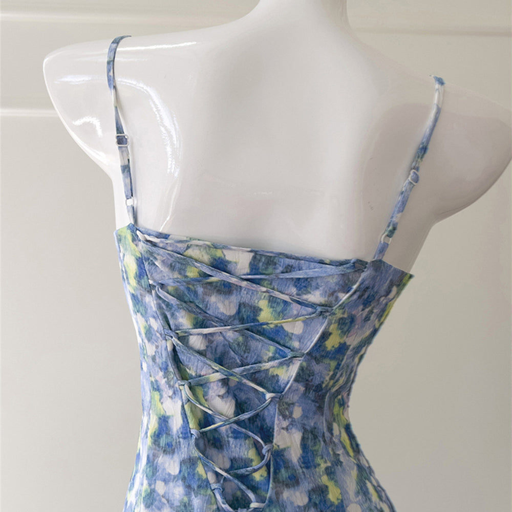 
                      
                        V-neck Blue Floral Print Ruffled Hem Short Dress
                      
                    