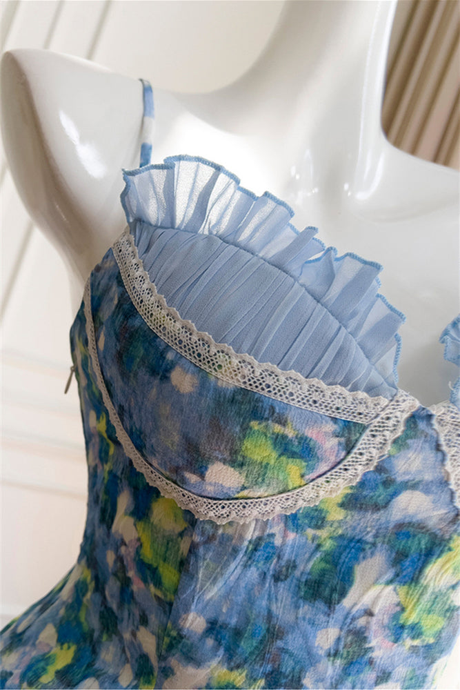 
                      
                        V-neck Blue Floral Print Ruffled Hem Short Dress
                      
                    
