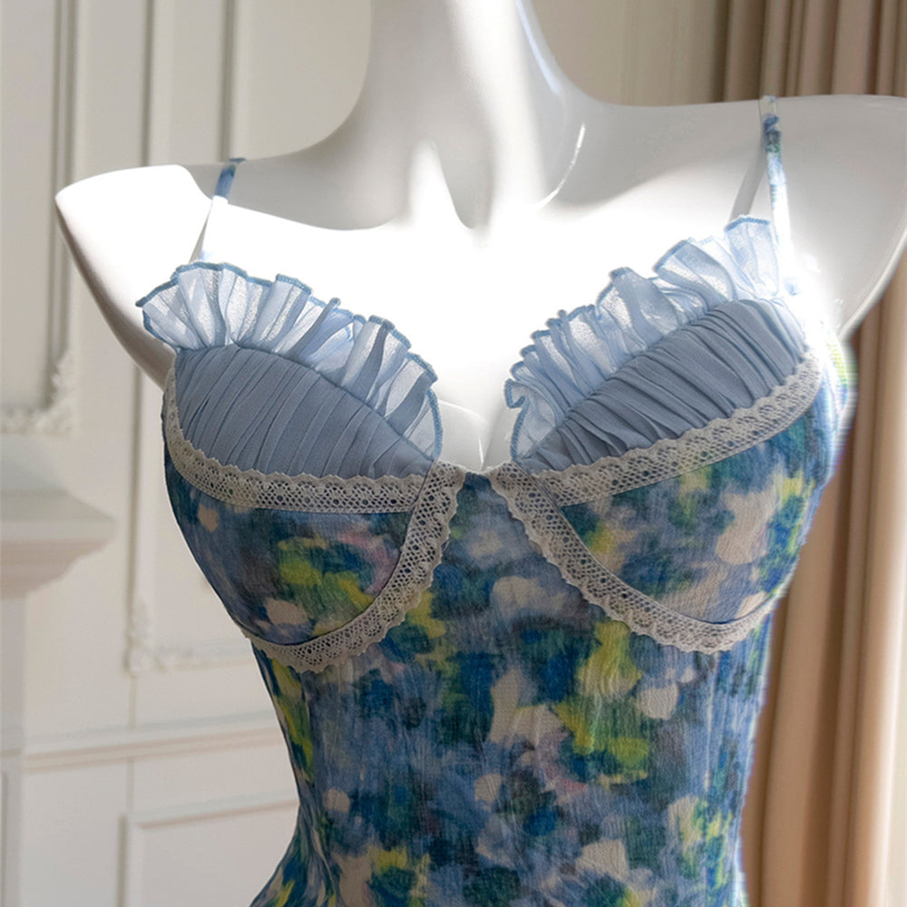 
                      
                        V-neck Blue Floral Print Ruffled Hem Short Dress
                      
                    