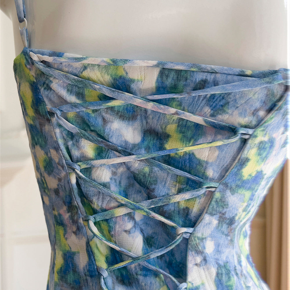 
                      
                        V-neck Blue Floral Print Ruffled Hem Short Dress
                      
                    