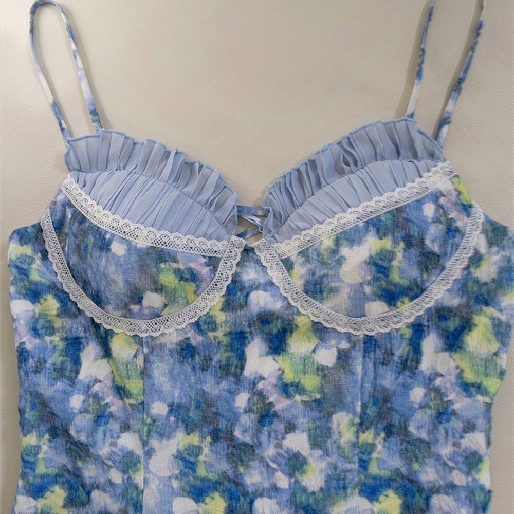 
                      
                        V-neck Blue Floral Print Ruffled Hem Short Dress
                      
                    
