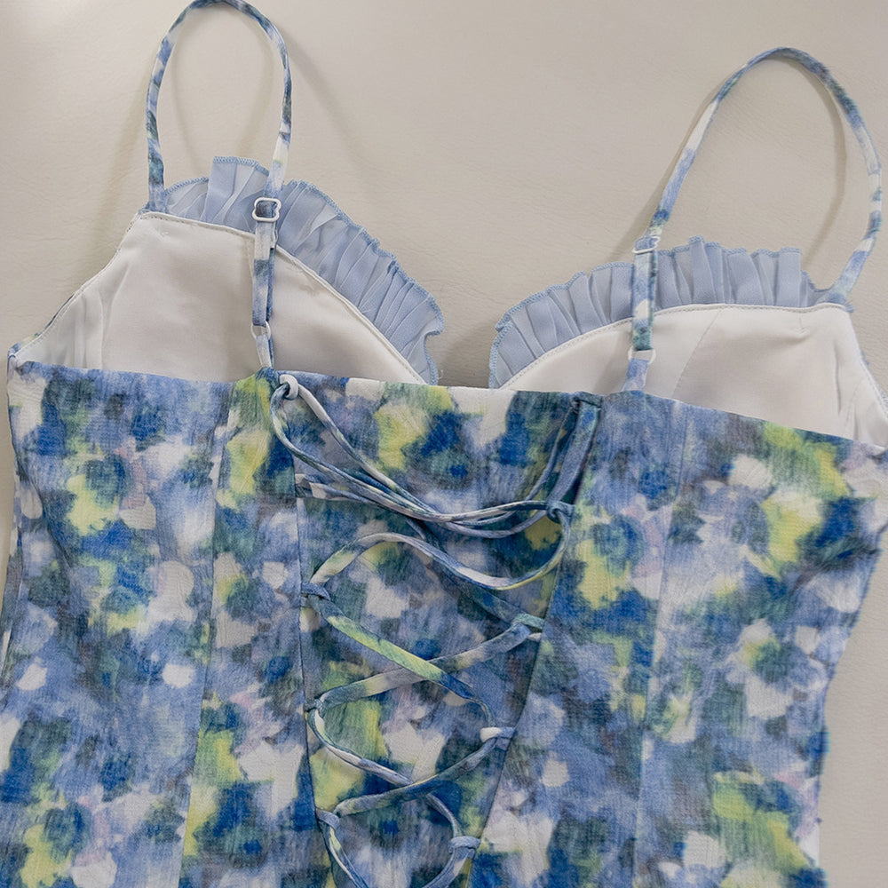 
                      
                        V-neck Blue Floral Print Ruffled Hem Short Dress
                      
                    