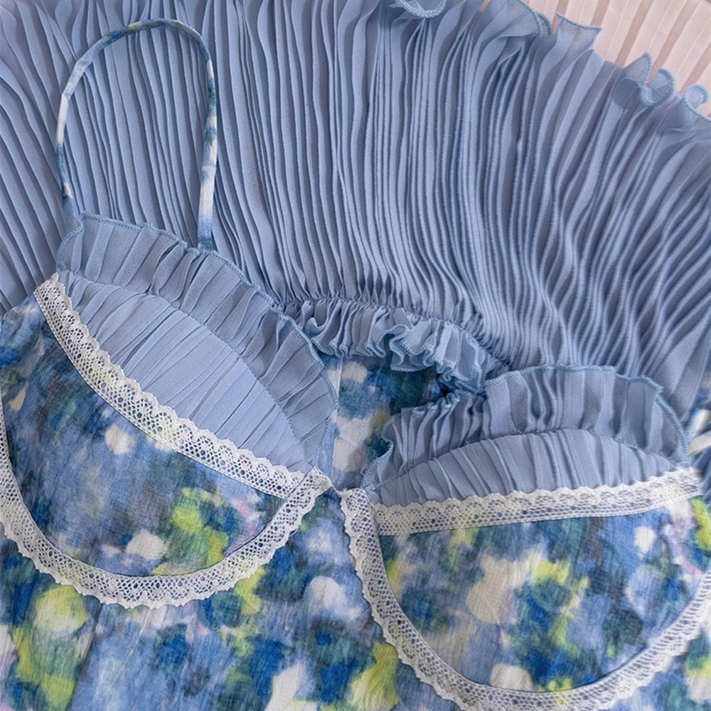 
                      
                        V-neck Blue Floral Print Ruffled Hem Short Dress
                      
                    