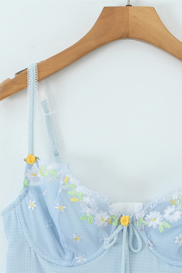 
                      
                        V-neck Blue Flower Embroidery A-line Short Dress
                      
                    
