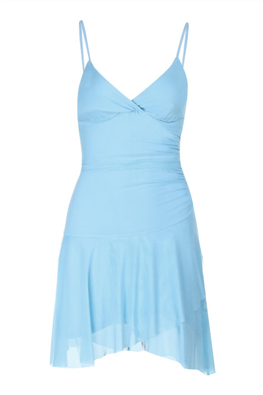 V-neck Blue Irregular Hem A-line Short Dress