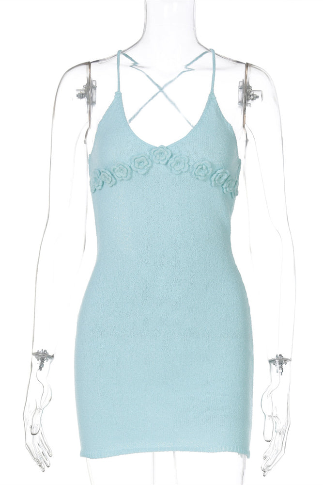 
                      
                        V-neck Blue Knitting Short Dress with Rosettes
                      
                    