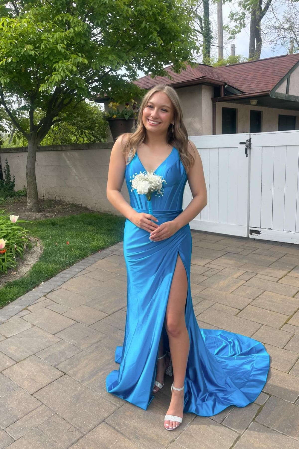 V-neck Blue Ruched Mermaid Long Dress with Slit