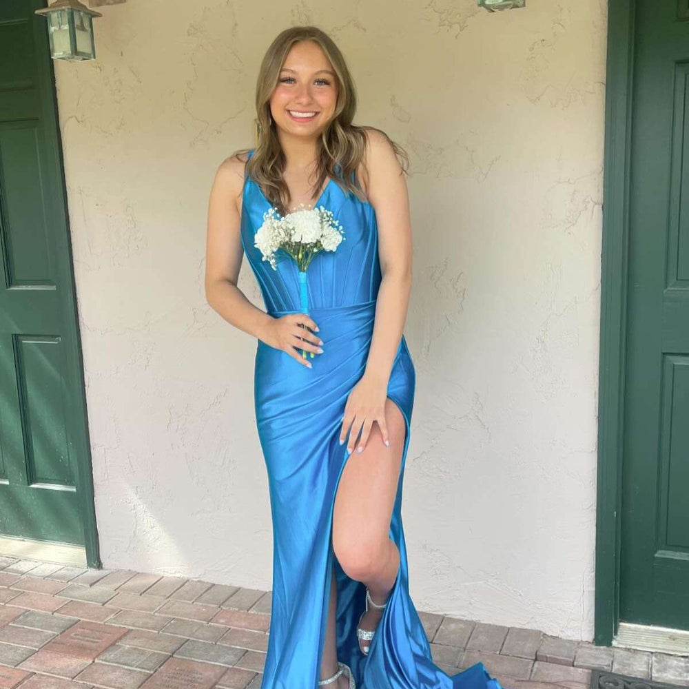 
                      
                        V-neck Blue Ruched Mermaid Long Dress with Slit
                      
                    