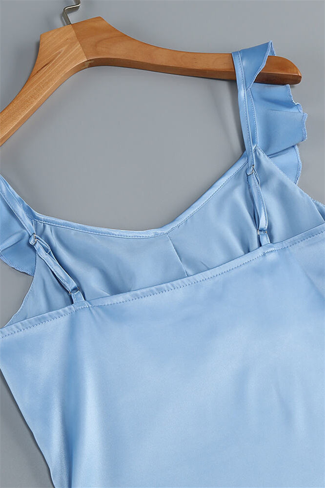 
                      
                        V-neck Blue Ruffle A-line Satin Long Dress
                      
                    
