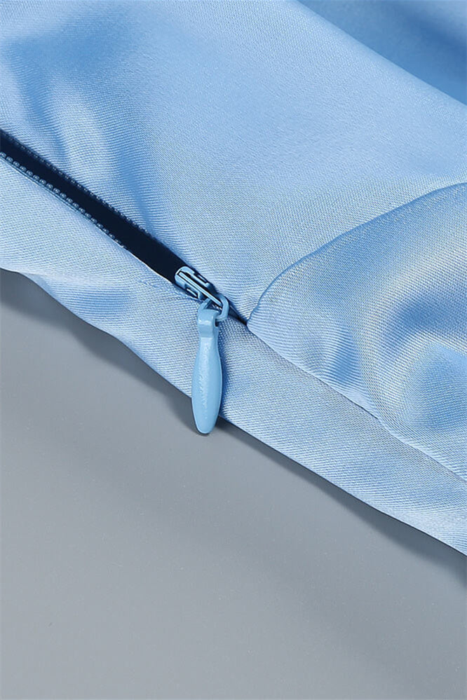 
                      
                        V-neck Blue Ruffle A-line Satin Long Dress
                      
                    