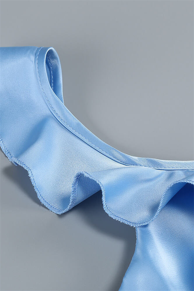 
                      
                        V-neck Blue Ruffle A-line Satin Long Dress
                      
                    