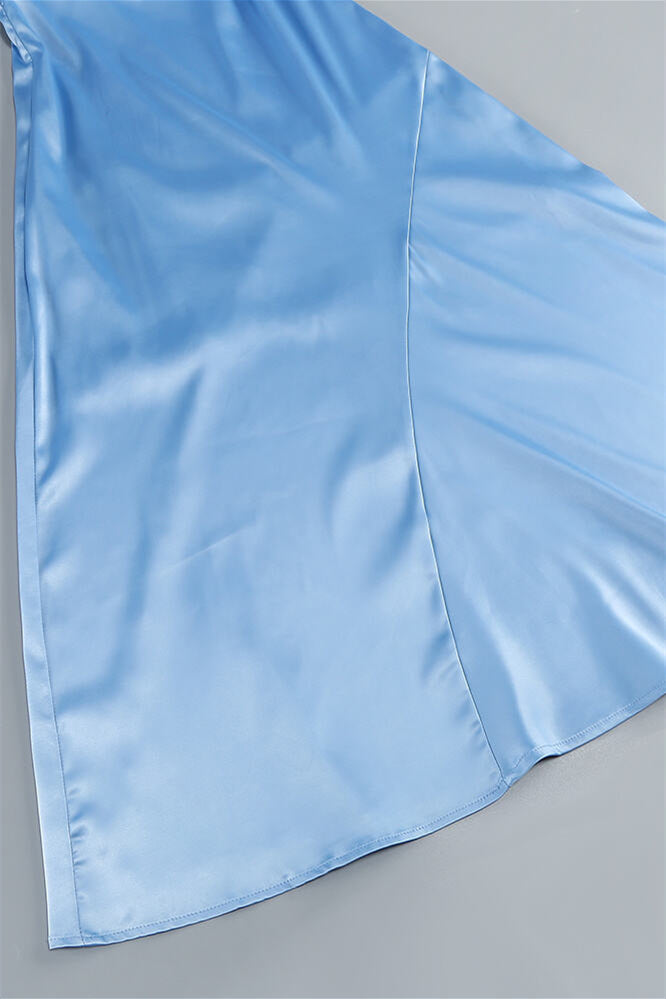 
                      
                        V-neck Blue Ruffle A-line Satin Long Dress
                      
                    