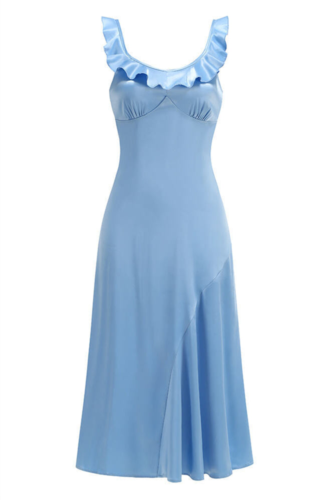 V-neck Blue Ruffle A-line Satin Long Dress