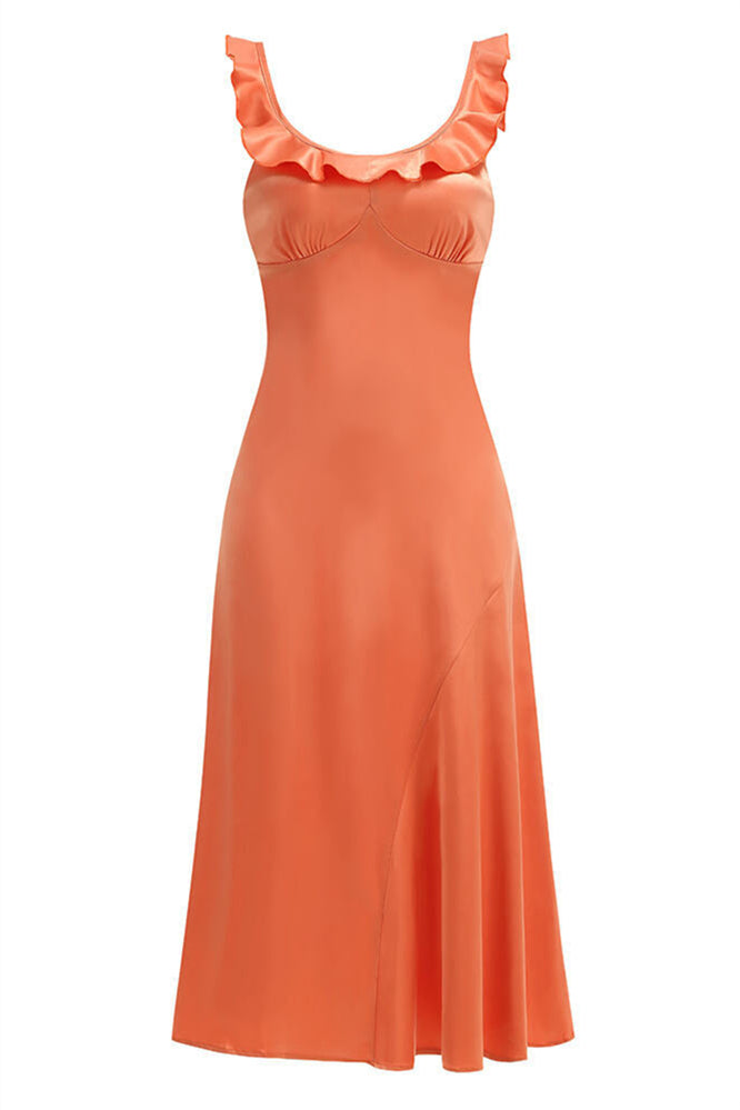 
                      
                        V-neck Blue Ruffle A-line Satin Long Dress
                      
                    