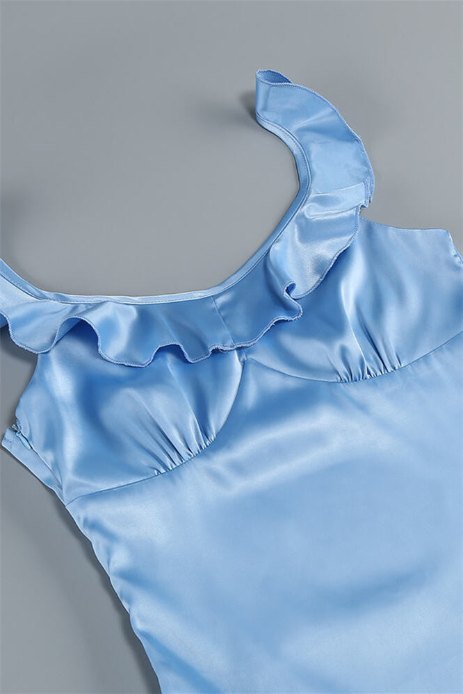 
                      
                        V-neck Blue Ruffle A-line Satin Long Dress
                      
                    