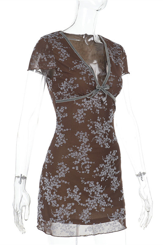 
                      
                        V-neck Brown Floral Print Short Dress with Bow
                      
                    