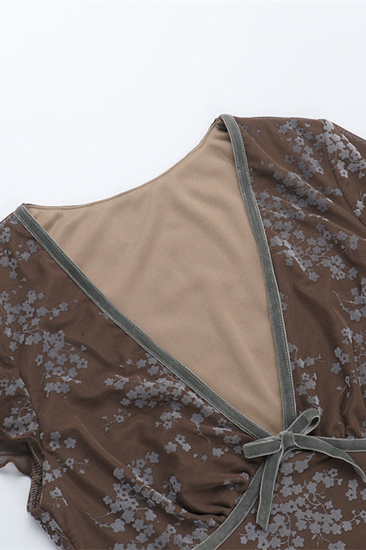 
                      
                        V-neck Brown Floral Print Short Dress with Bow
                      
                    