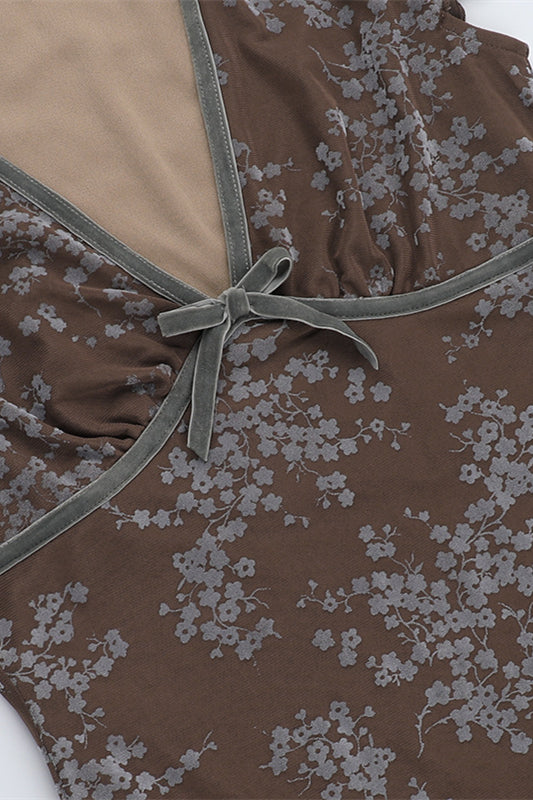 
                      
                        V-neck Brown Floral Print Short Dress with Bow
                      
                    