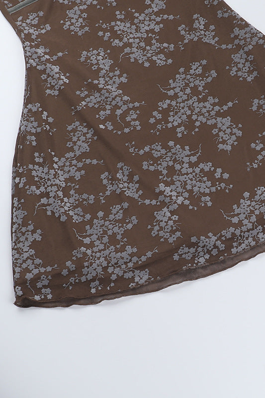 
                      
                        V-neck Brown Floral Print Short Dress with Bow
                      
                    