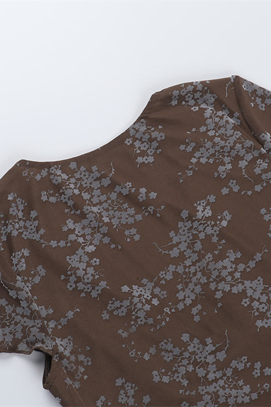 
                      
                        V-neck Brown Floral Print Short Dress with Bow
                      
                    