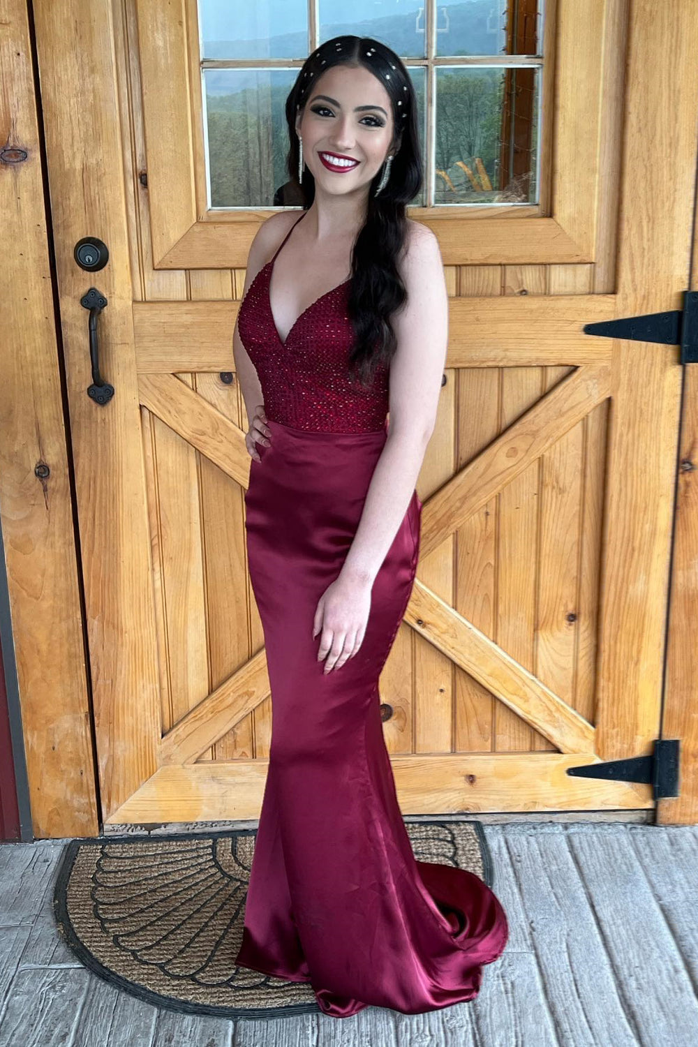 V-neck Burgundy Beaded Mermaid Long Dress