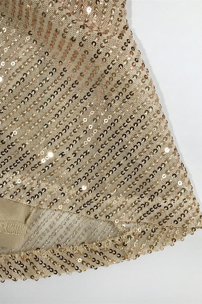 
                      
                        V-neck Champagne Ruched Sequin Short Dress
                      
                    