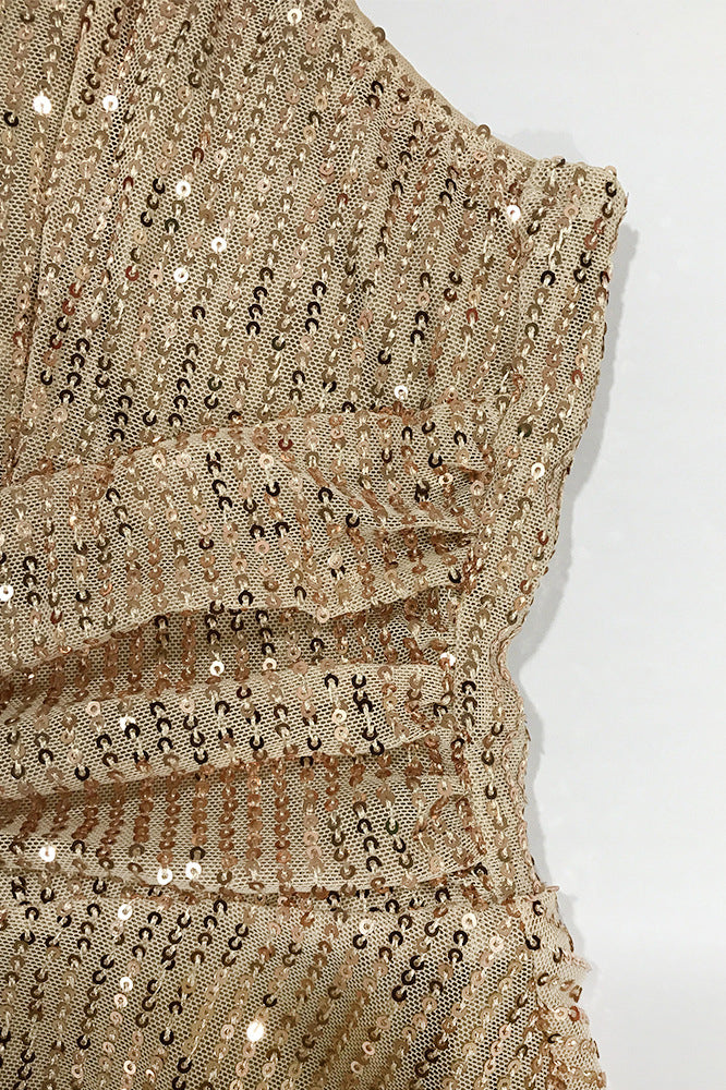 
                      
                        V-neck Champagne Ruched Sequin Short Dress
                      
                    
