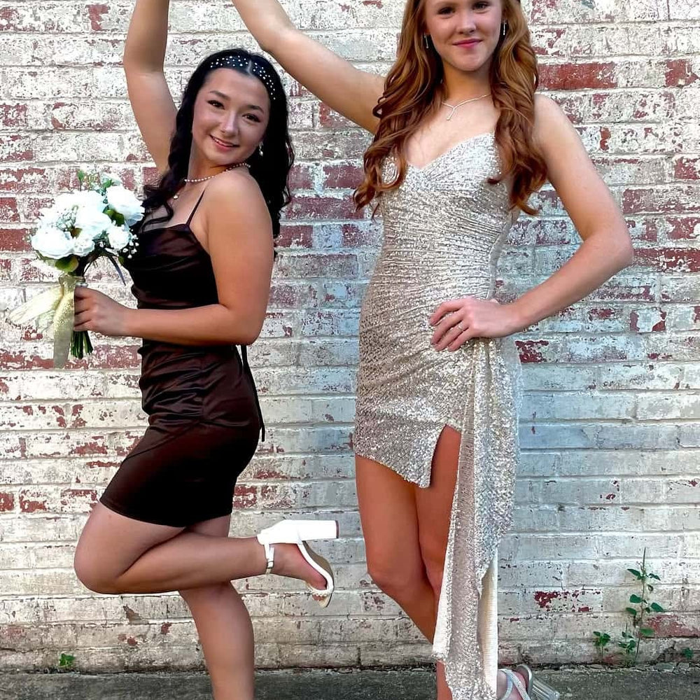 
                      
                        V-neck Gold Ruched Sequin Short Dress with Slit
                      
                    