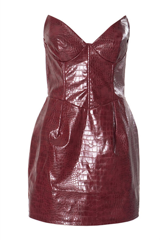V-neck Deep Red Leather Party Dress
