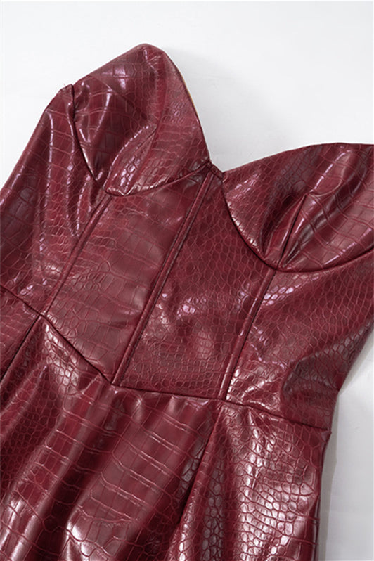 
                      
                        V-neck Deep Red Leather Party Dress
                      
                    