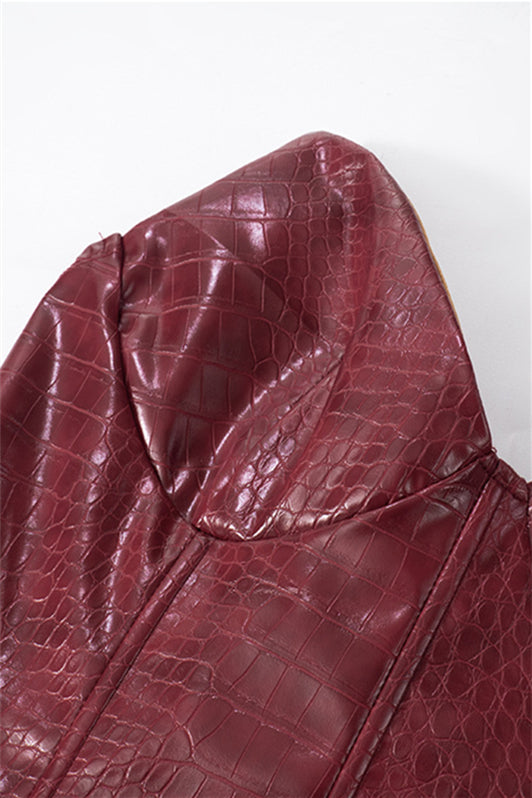 
                      
                        V-neck Deep Red Leather Party Dress
                      
                    