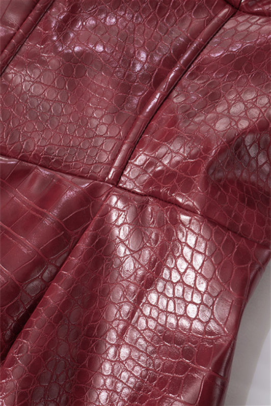 
                      
                        V-neck Deep Red Leather Party Dress
                      
                    