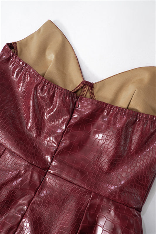 
                      
                        V-neck Deep Red Leather Party Dress
                      
                    