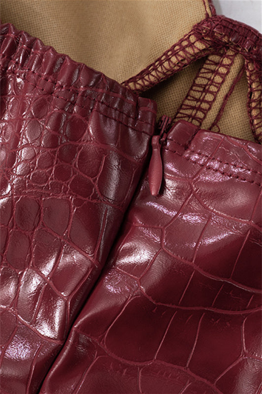 
                      
                        V-neck Deep Red Leather Party Dress
                      
                    