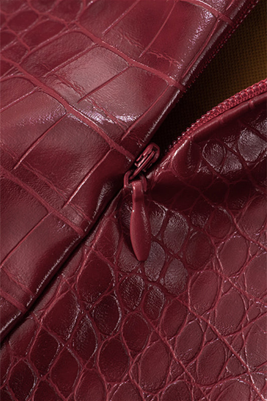 
                      
                        V-neck Deep Red Leather Party Dress
                      
                    