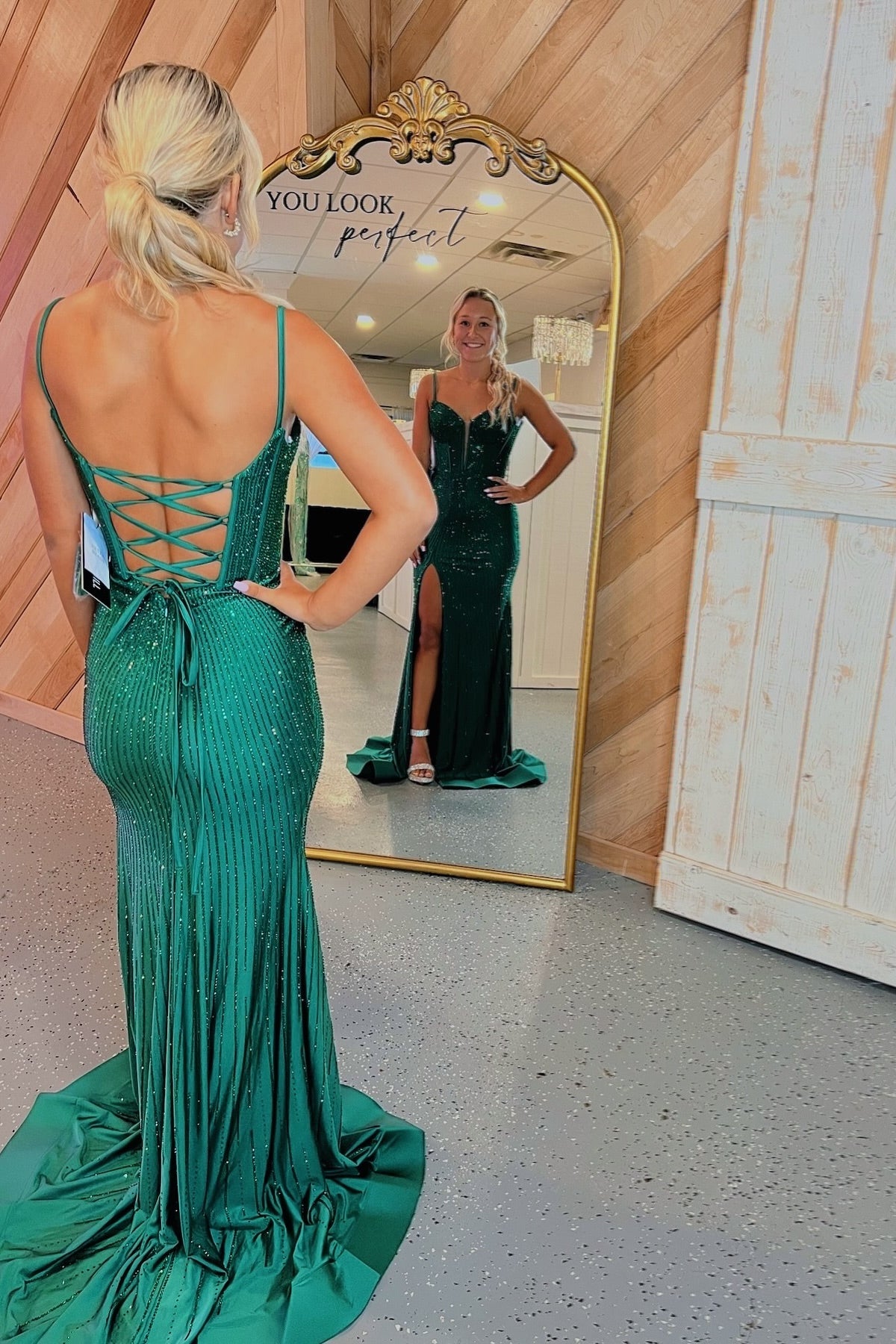 Straps Emerald Green Beaded Long Dress with Slit – PollyBoutique