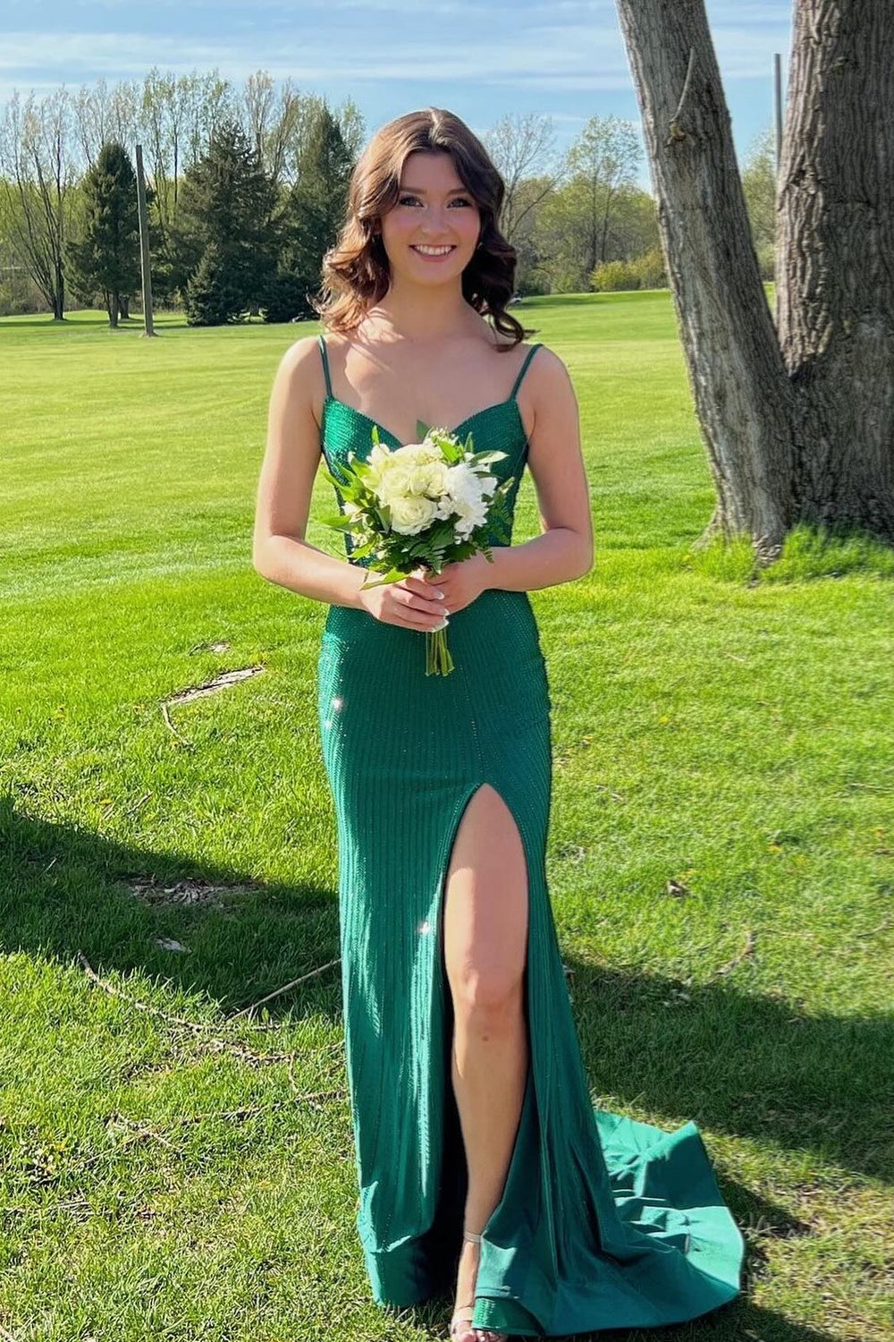 V-neck Emerald Green Beaded Long Dress with Slit