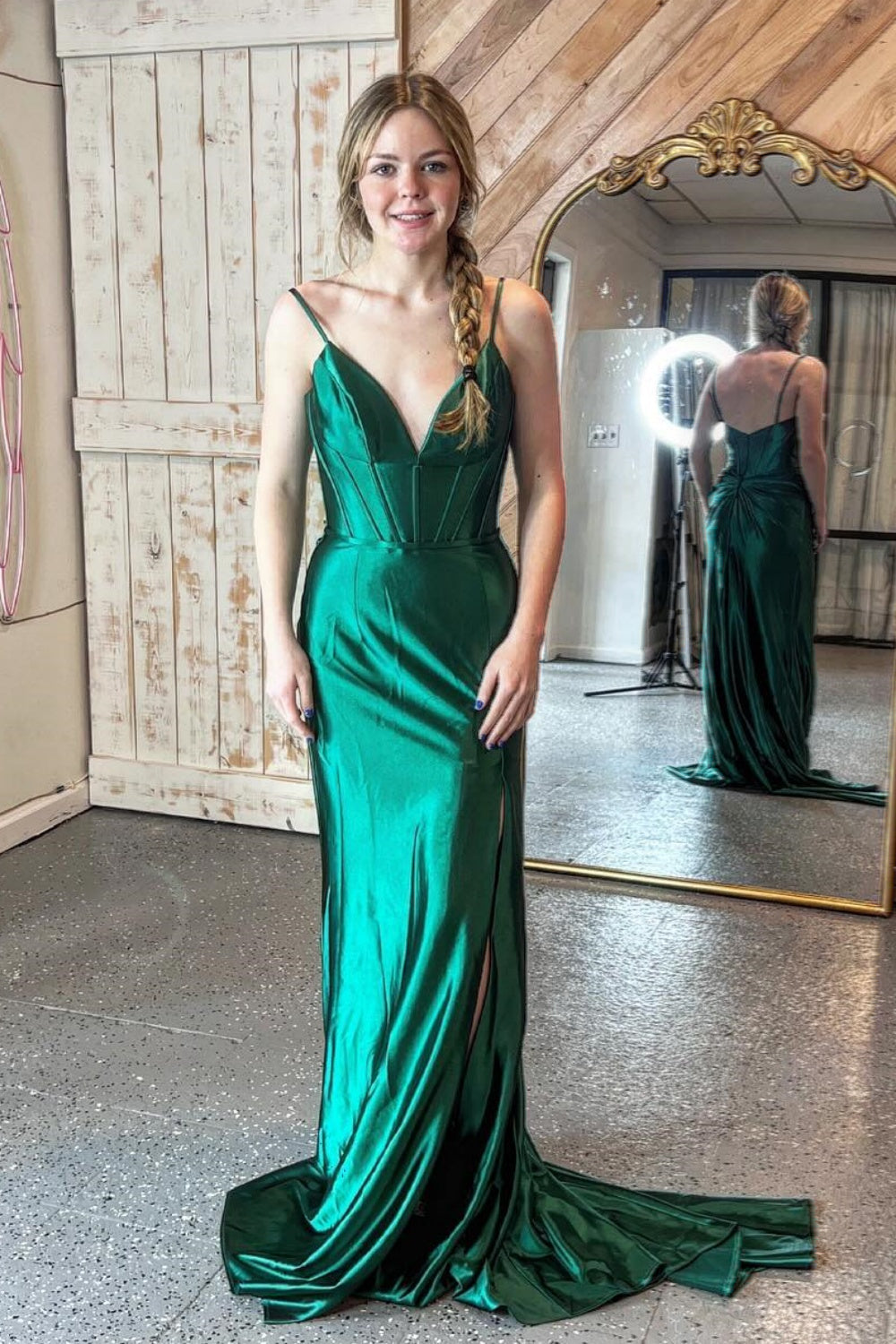 V-neck Emerald Green Mermaid Long Dress with Slit