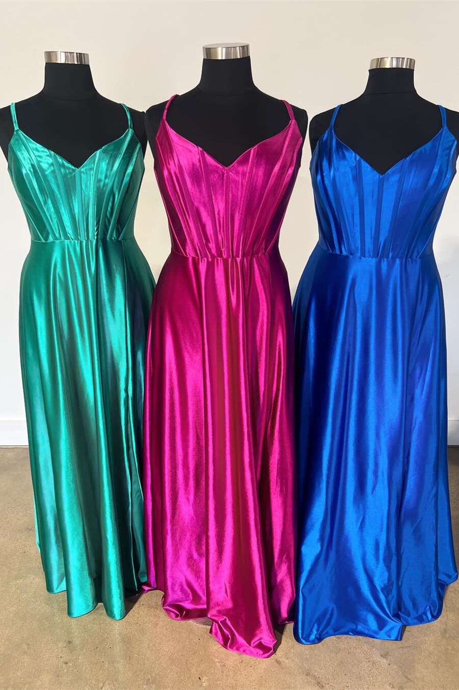 V-neck Fuchsia A-line Satin Long Formal Dress