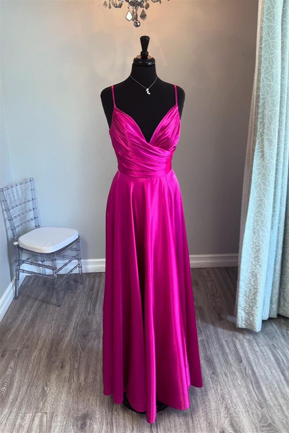 V-neck Fuchsia Ruched A-line Long Dress