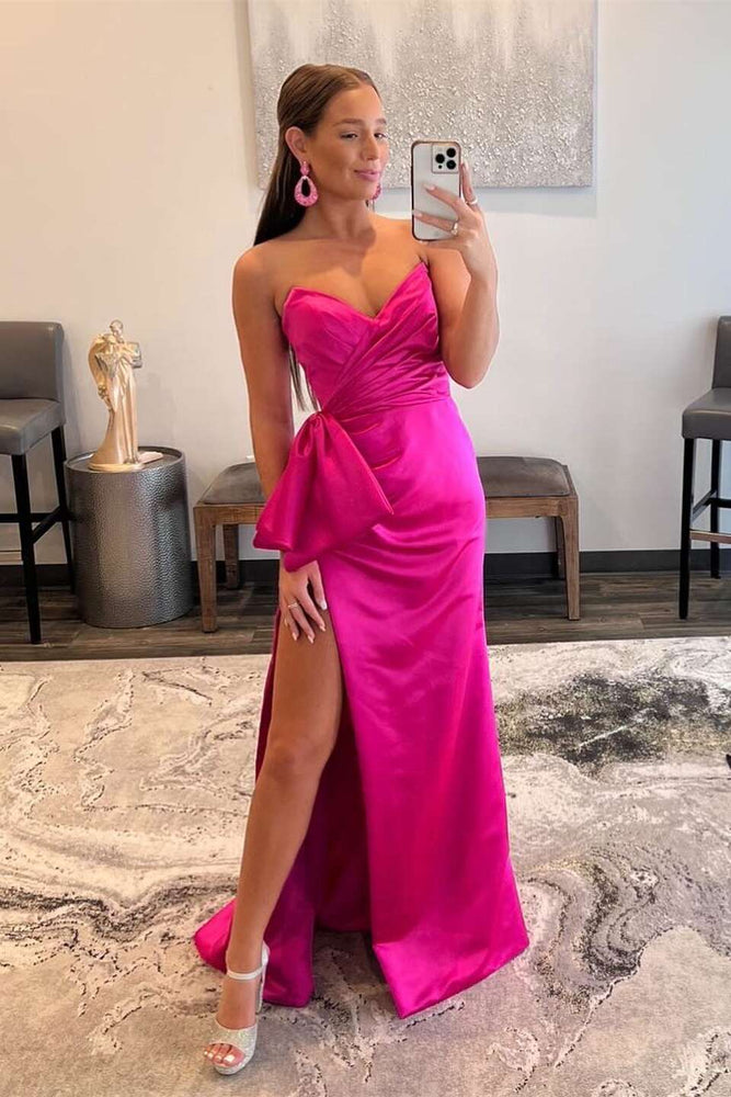 
                      
                        V-neck Fuchsia Ruched Mermaid Long Dress with Slit
                      
                    