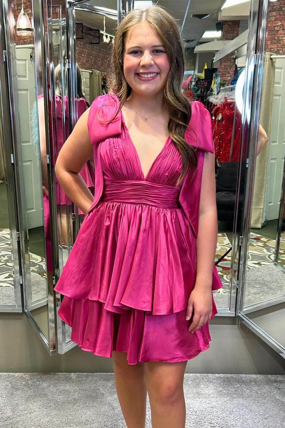 V-neck Fuchsia Tiered A-line Short Dress